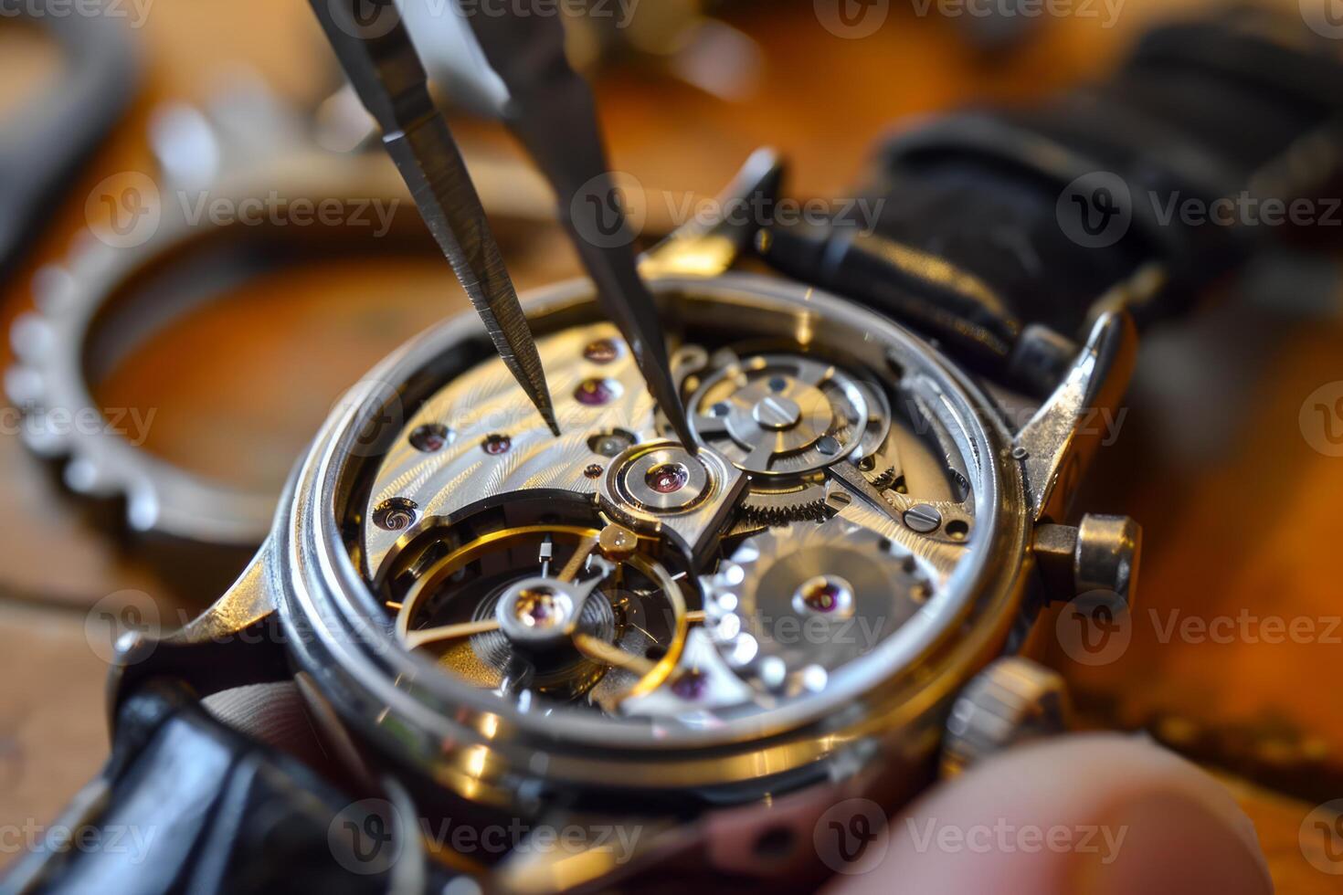Watchmaker repairing mechanical wristwatch using tweezers photo
