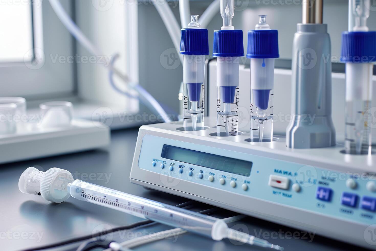 Medical equipment analyzing samples in modern laboratory photo