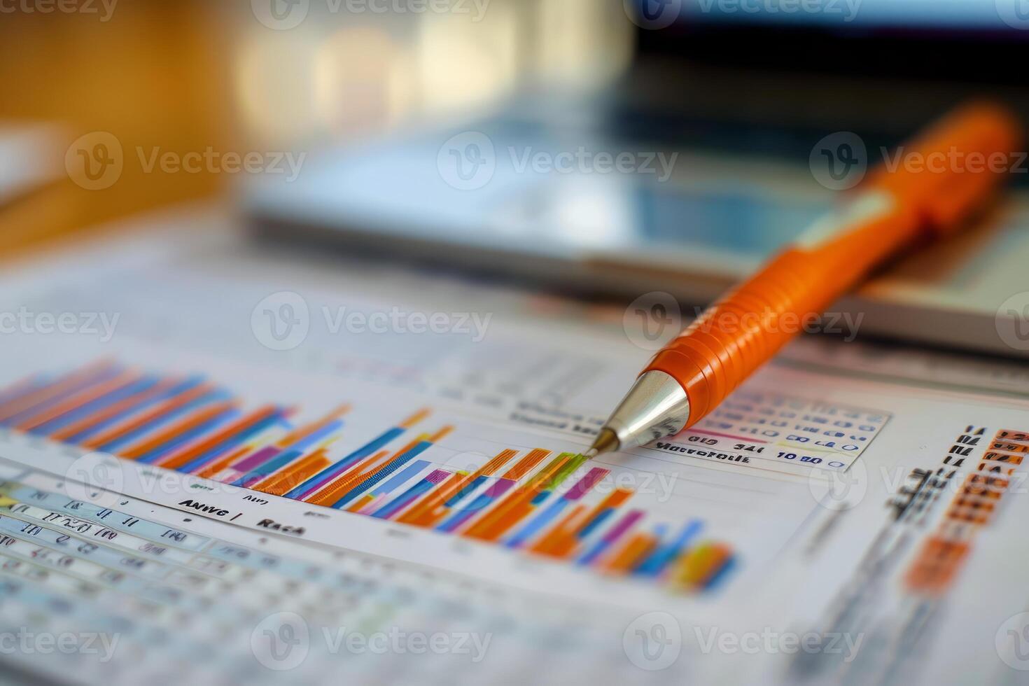 Orange pen pointing at financial chart on paper with laptop in background photo