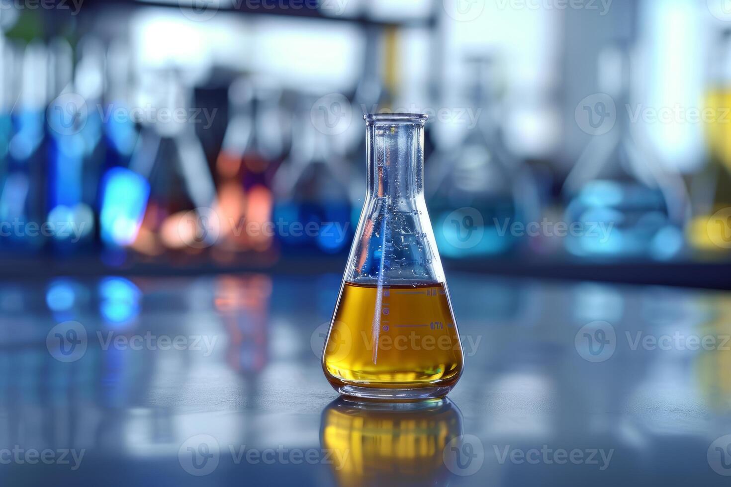 Erlenmeyer flask containing orange liquid sitting on table in laboratory photo