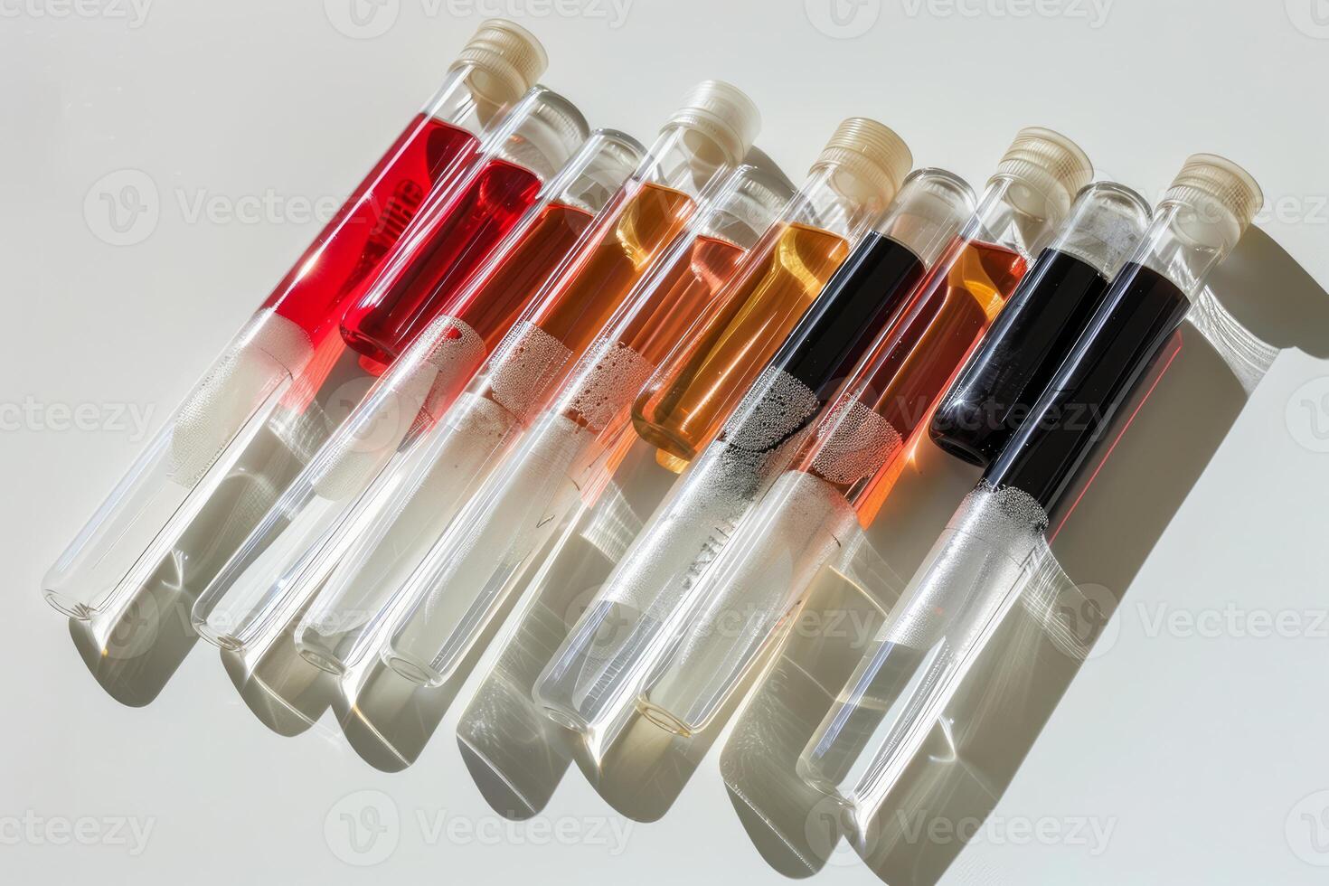 Scientist placing test tubes filled with colorful chemical substances on surface in a laboratory photo