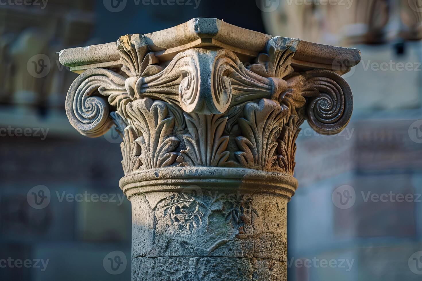Corinthian order column capital showing acanthus leaves decoration photo