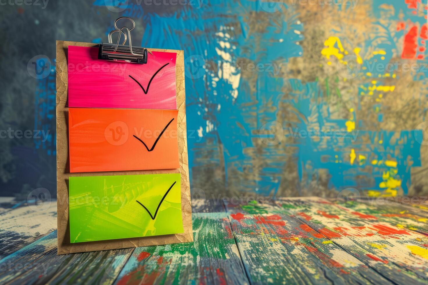 Clipboard showing check marks on sticky notes on wooden desk photo