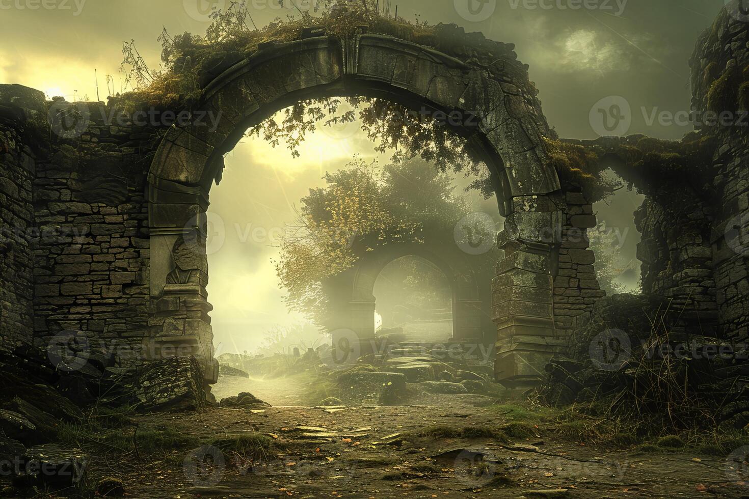 Ancient stone archway leading to mysterious foggy forest photo
