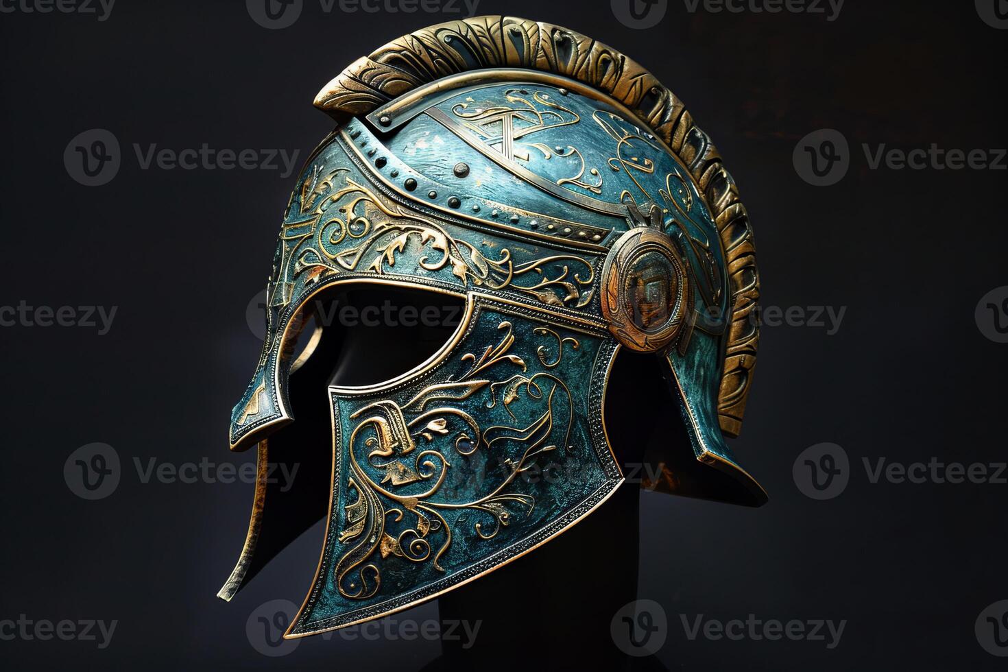 Ancient greek helmet standing on black background with gold ornaments photo