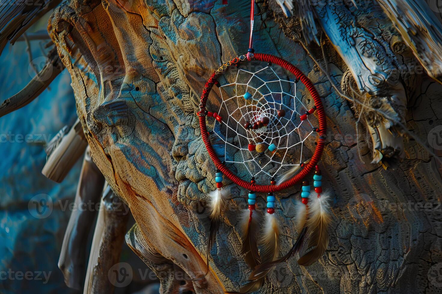 Red dreamcatcher with beads and feathers hanging on a tree trunk photo