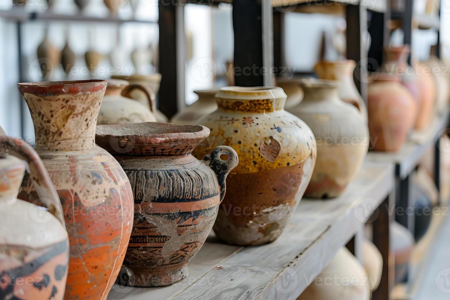 Ancient clay pots with traditional ornaments waiting on a wooden shelf in the storage photo