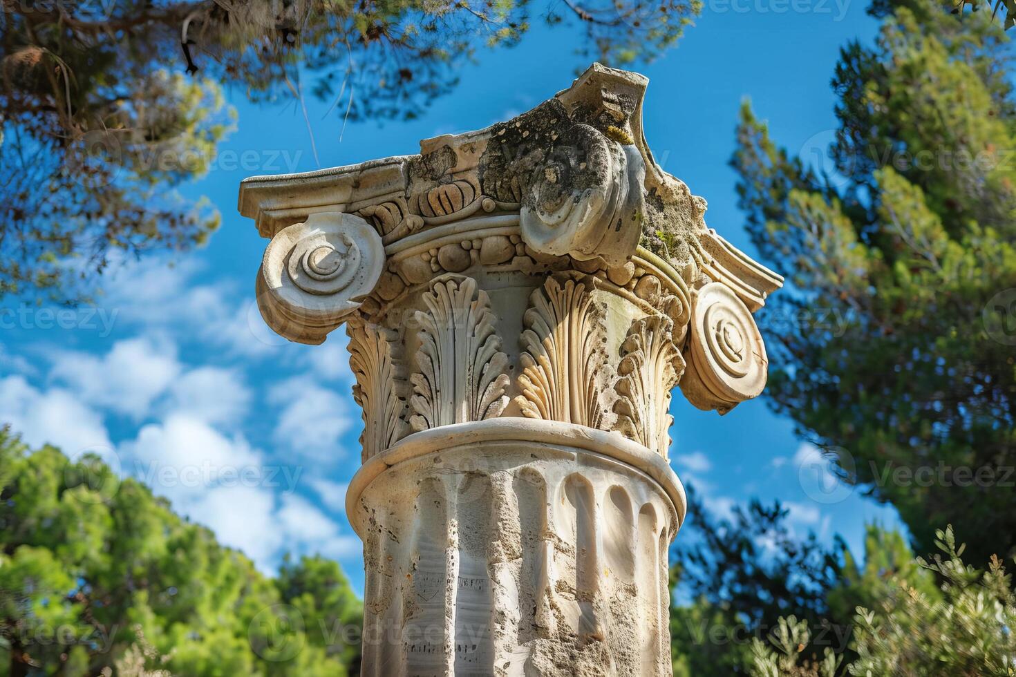 Corinthian order column standing among trees in archaeological site photo