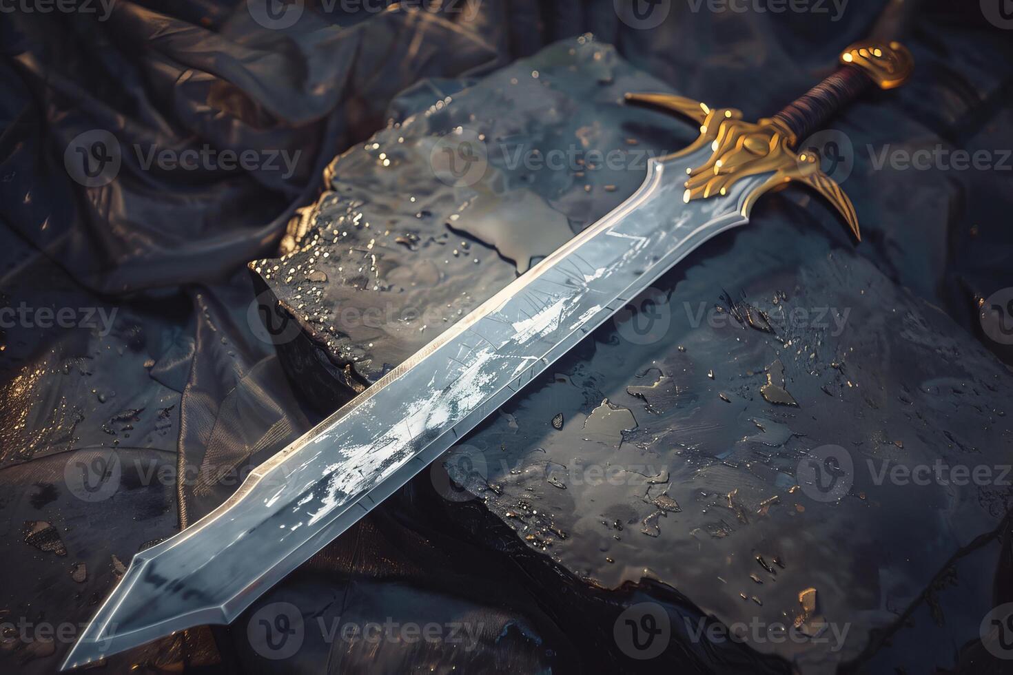 Fantasy sword resting on wet stone after battle photo