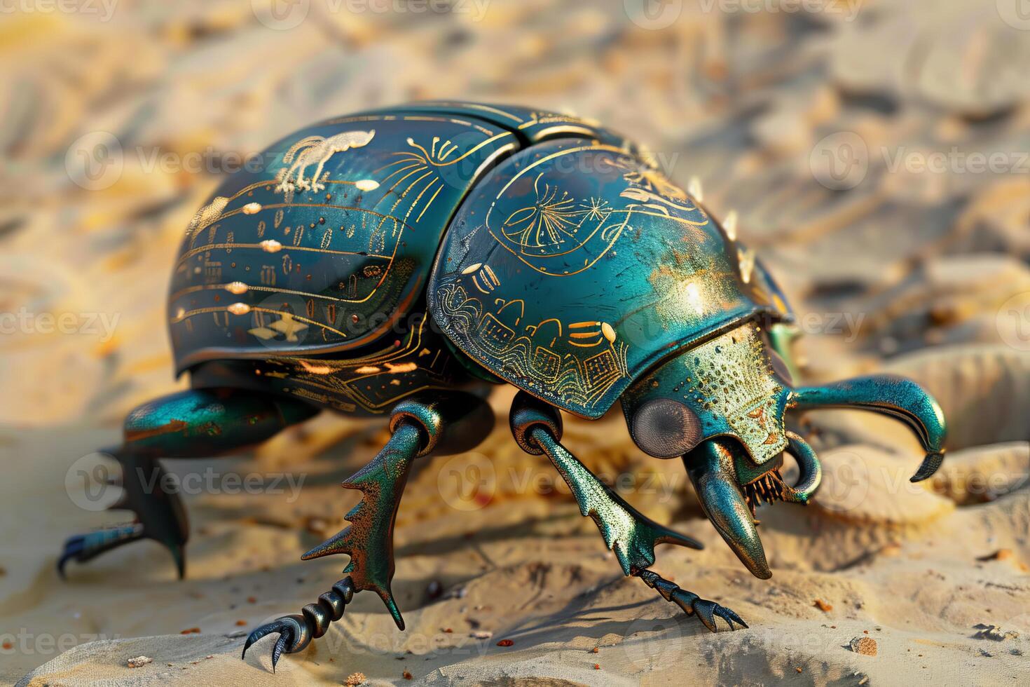 Metallic green scarab beetle walking on sand with hieroglyphics design photo