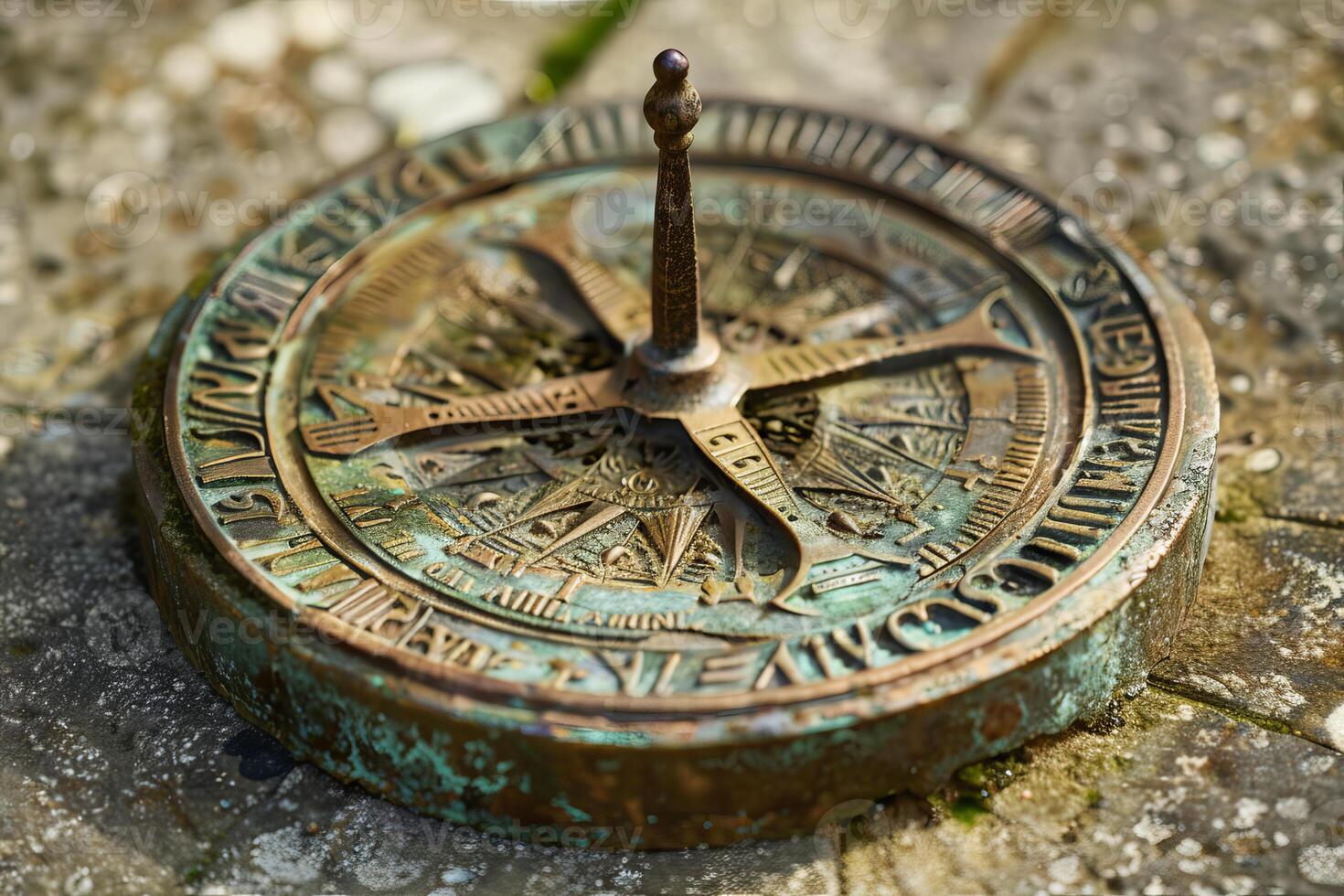 Antique sundial casting shadow for telling time in garden photo