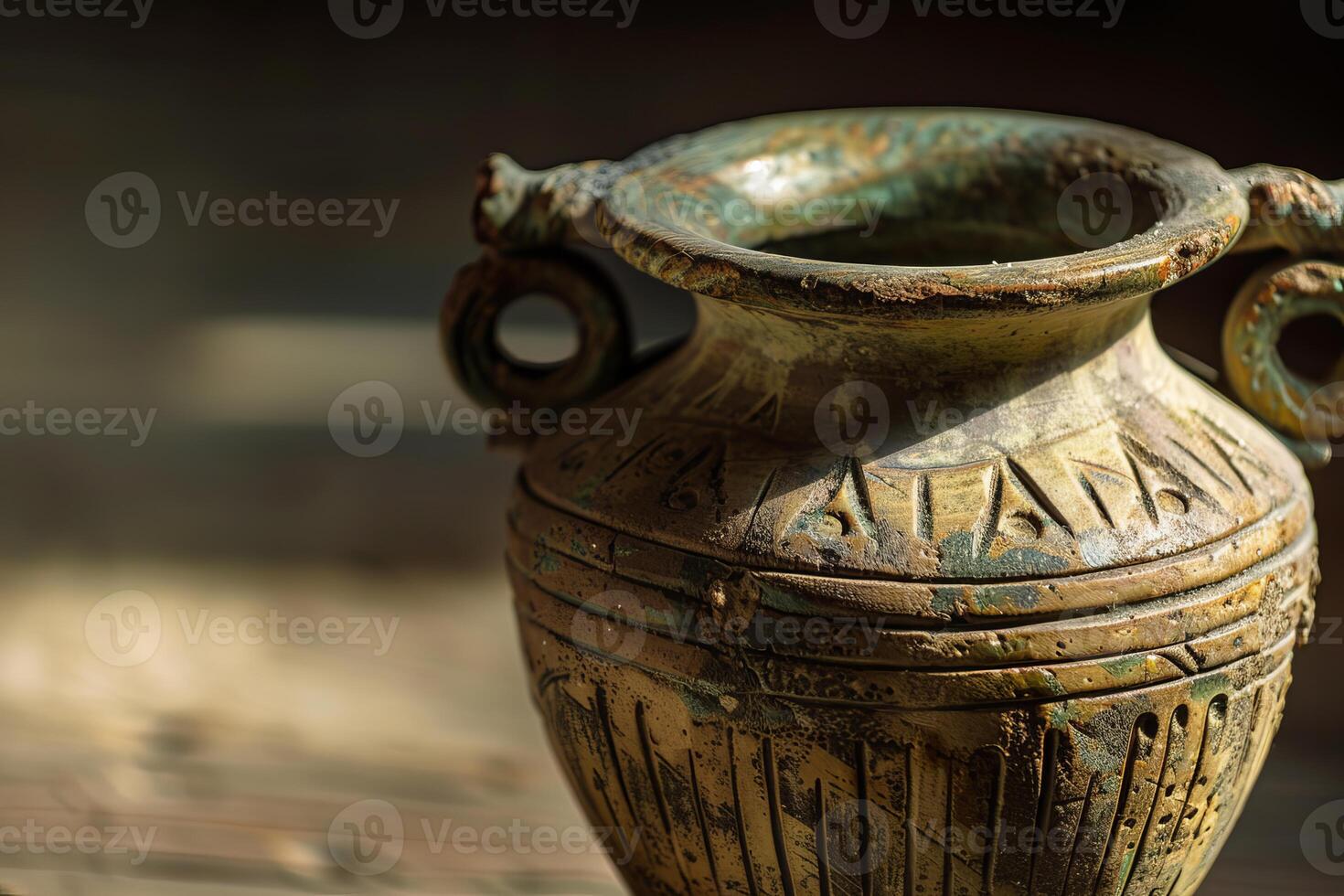 Ancient greek amphora with two handles is standing on a wooden surface photo