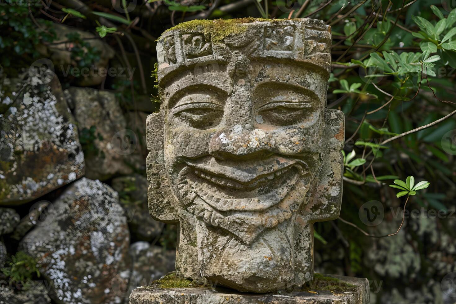 Ancient mayan stone head smiling mysteriously in the jungle photo