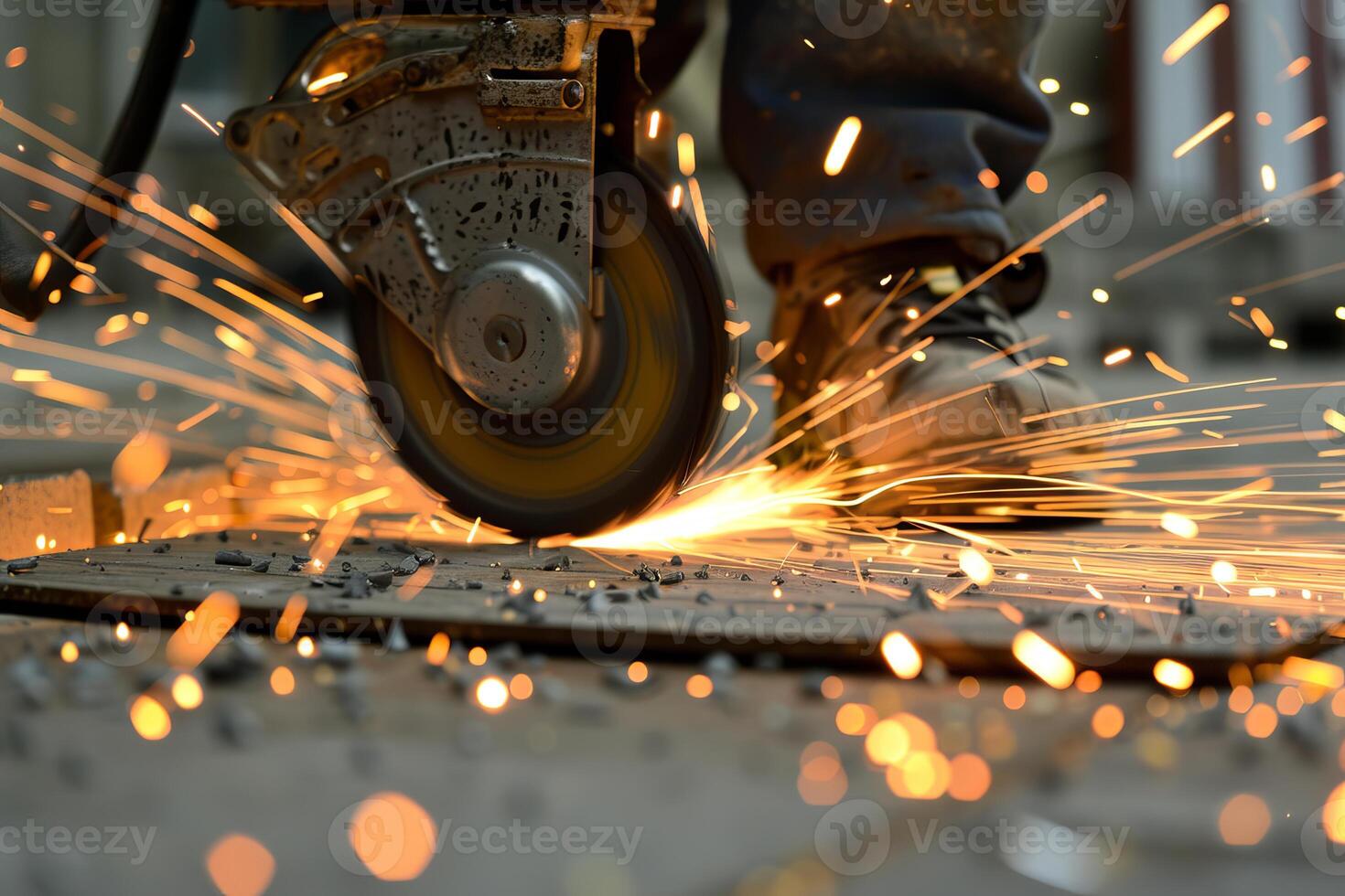 Construction worker cutting metal with angle grinder creating sparks photo