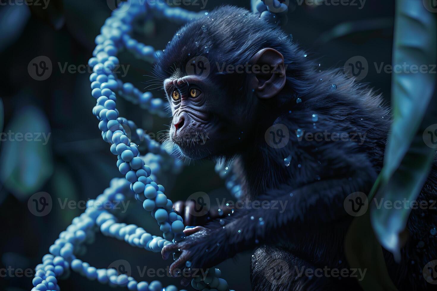 Baby monkey holding dna strand reflecting on future evolution photo