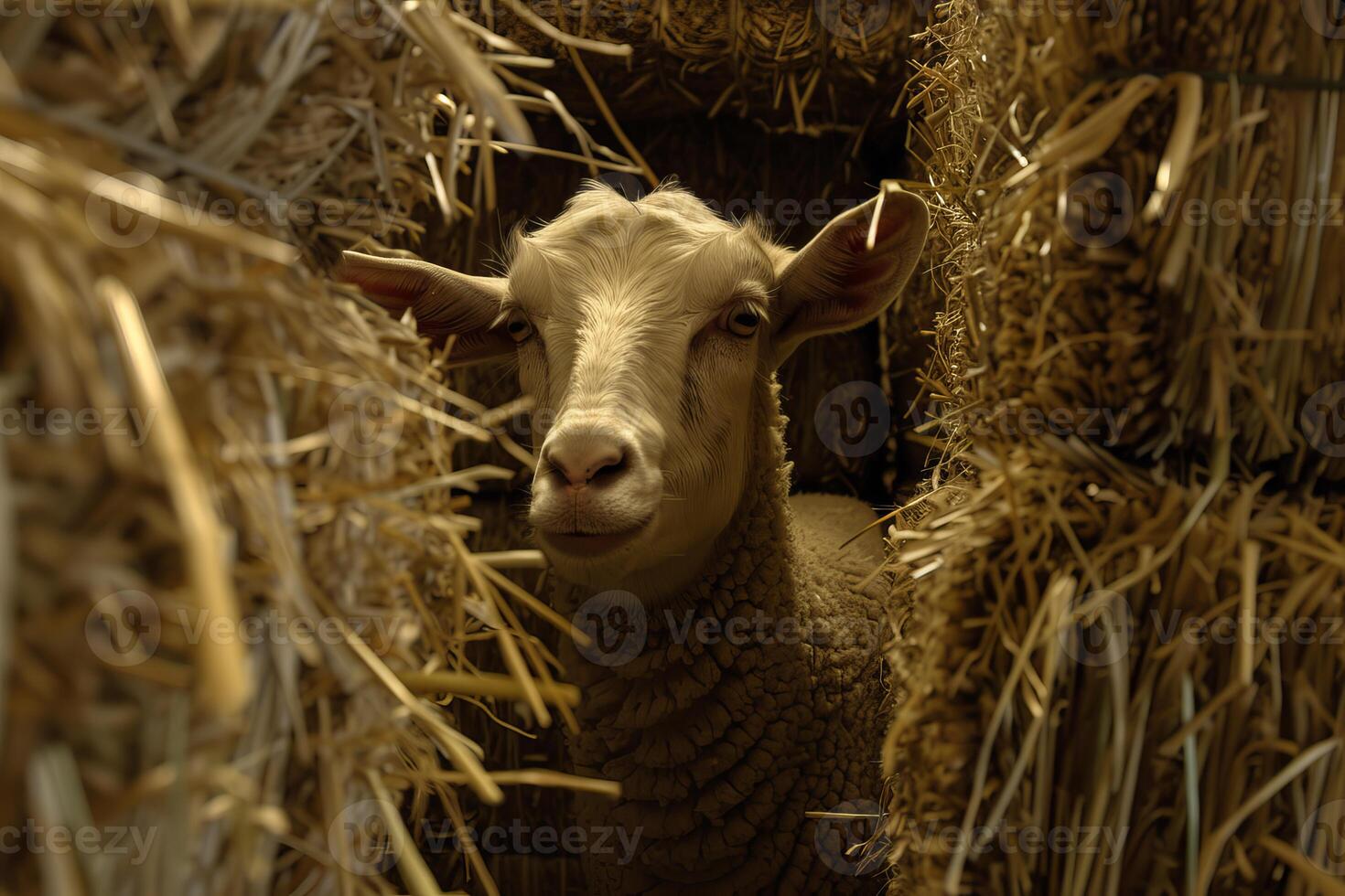 Sheep is looking at camera from haystack in a barn photo