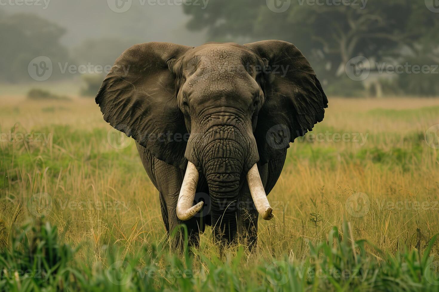 Large african elephant bull walking through tall grass photo