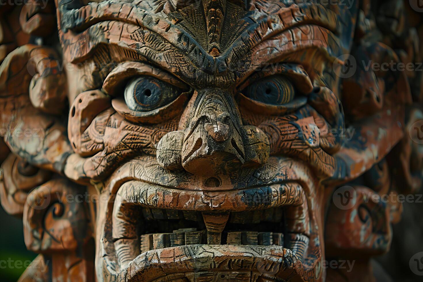 Ancient mayan wooden mask showing strong expression photo