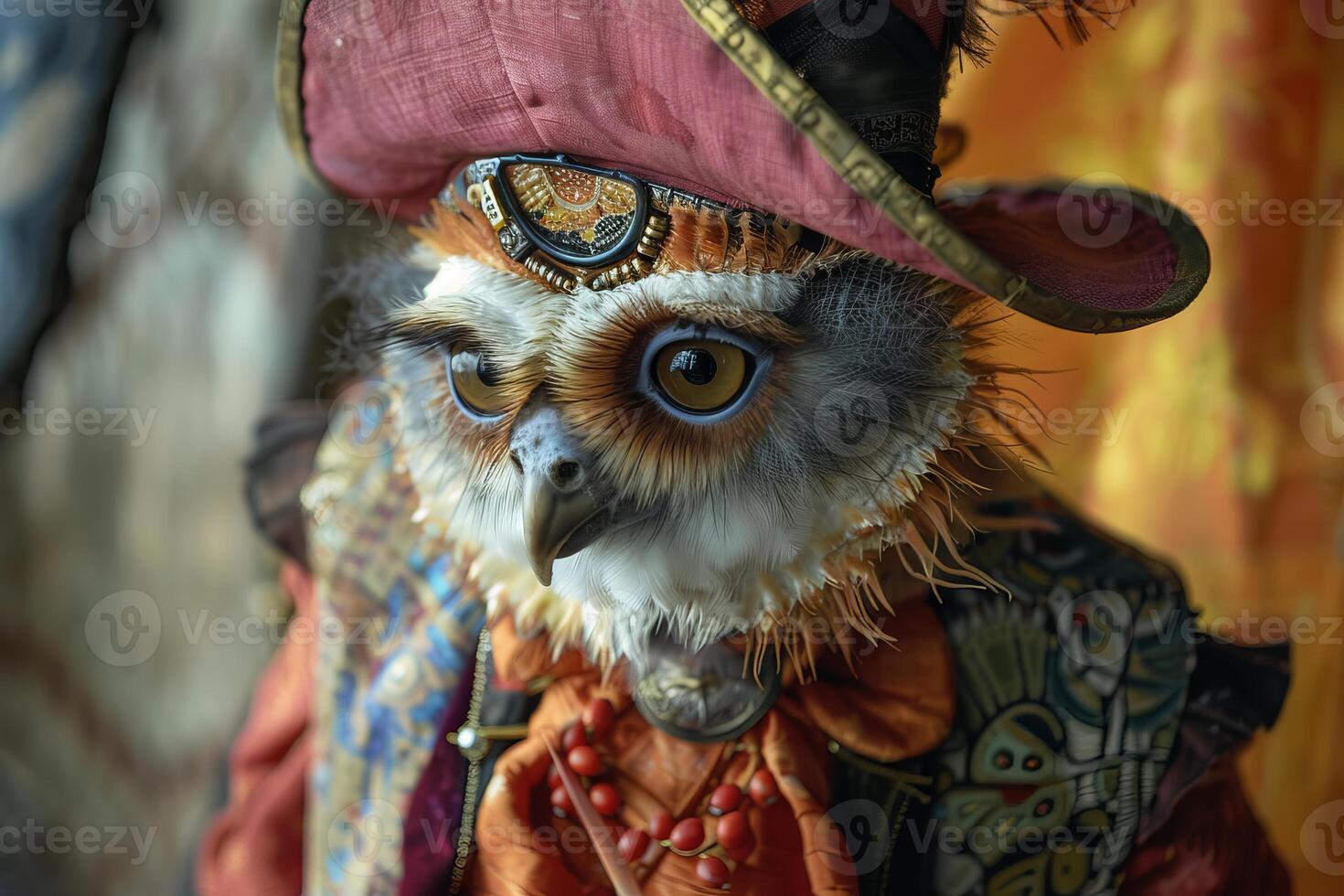 Owl wearing ornate costume and hat posing at renaissance fair photo