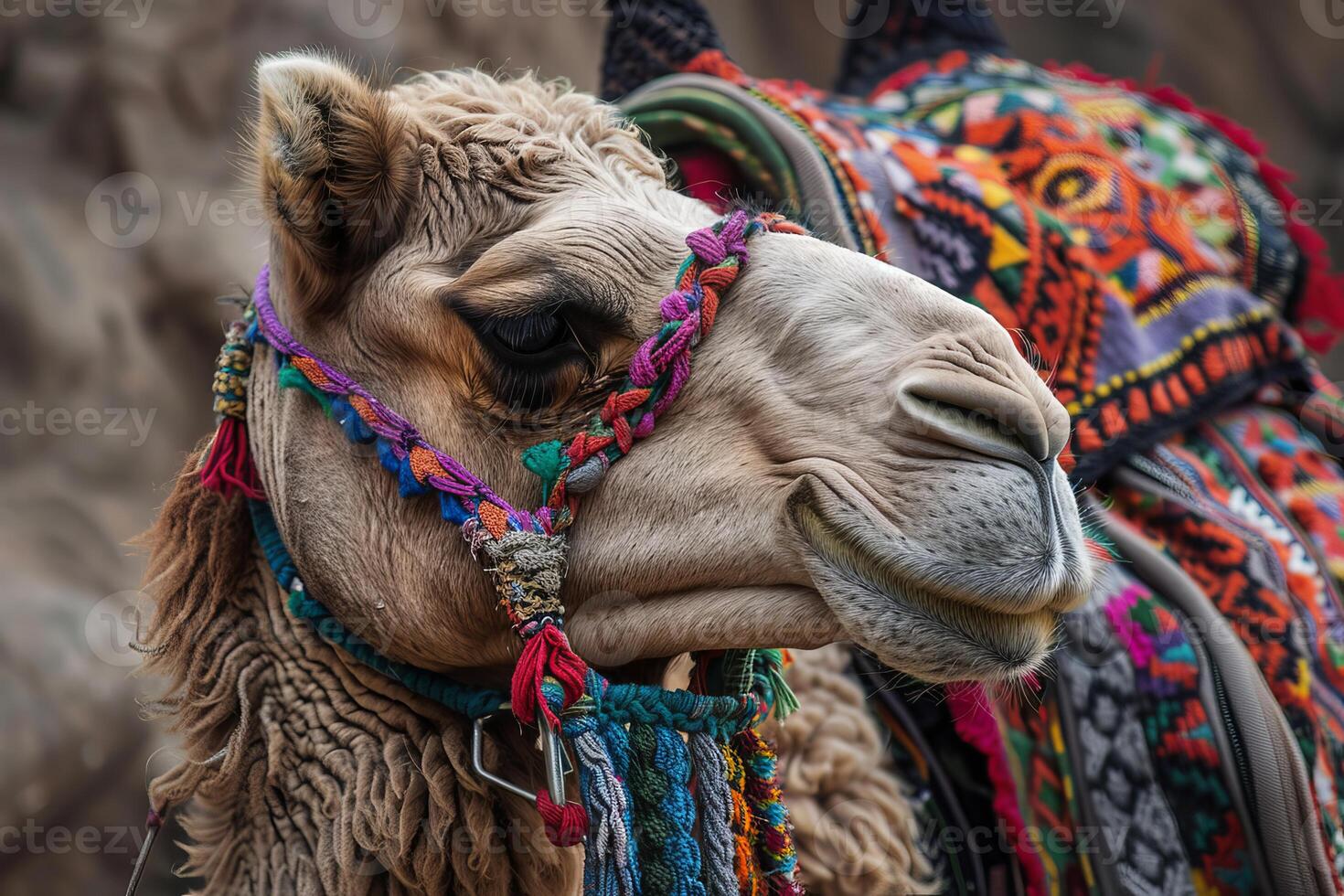 Dromedary camel wearing colorful halter posing for portrait photo