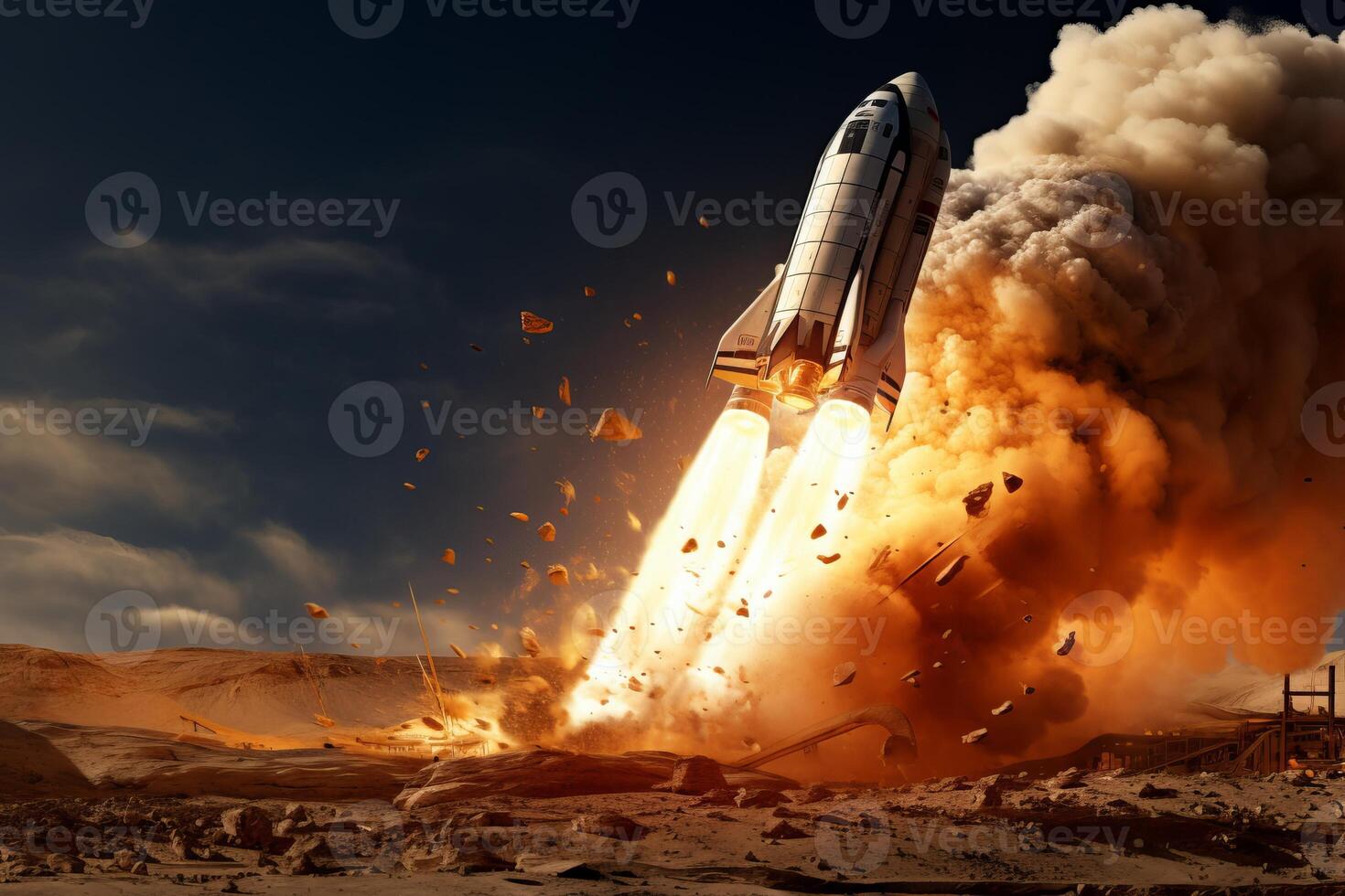 Space rocket launch on mars-like terrain photo