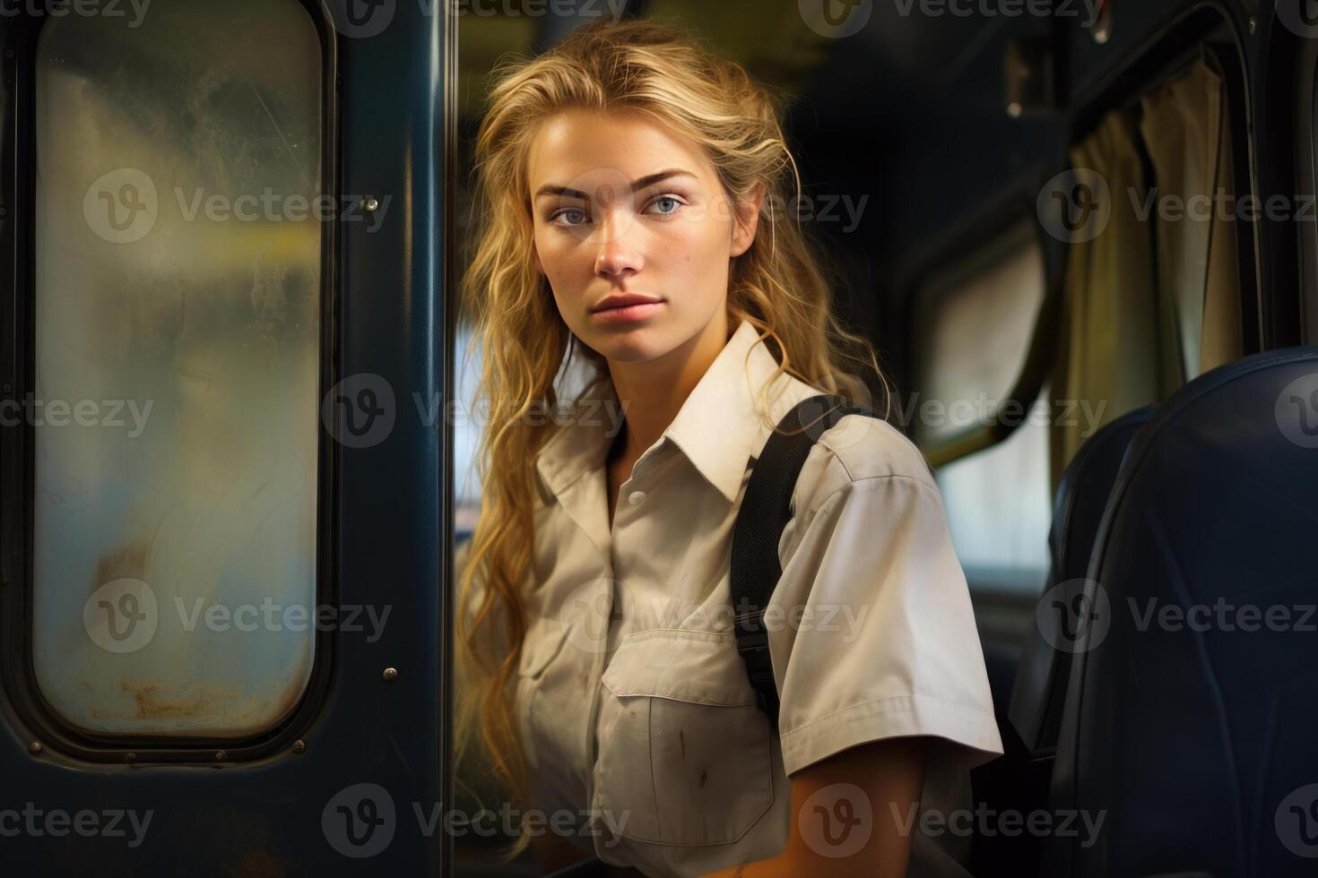 Contemplative woman on train ride photo