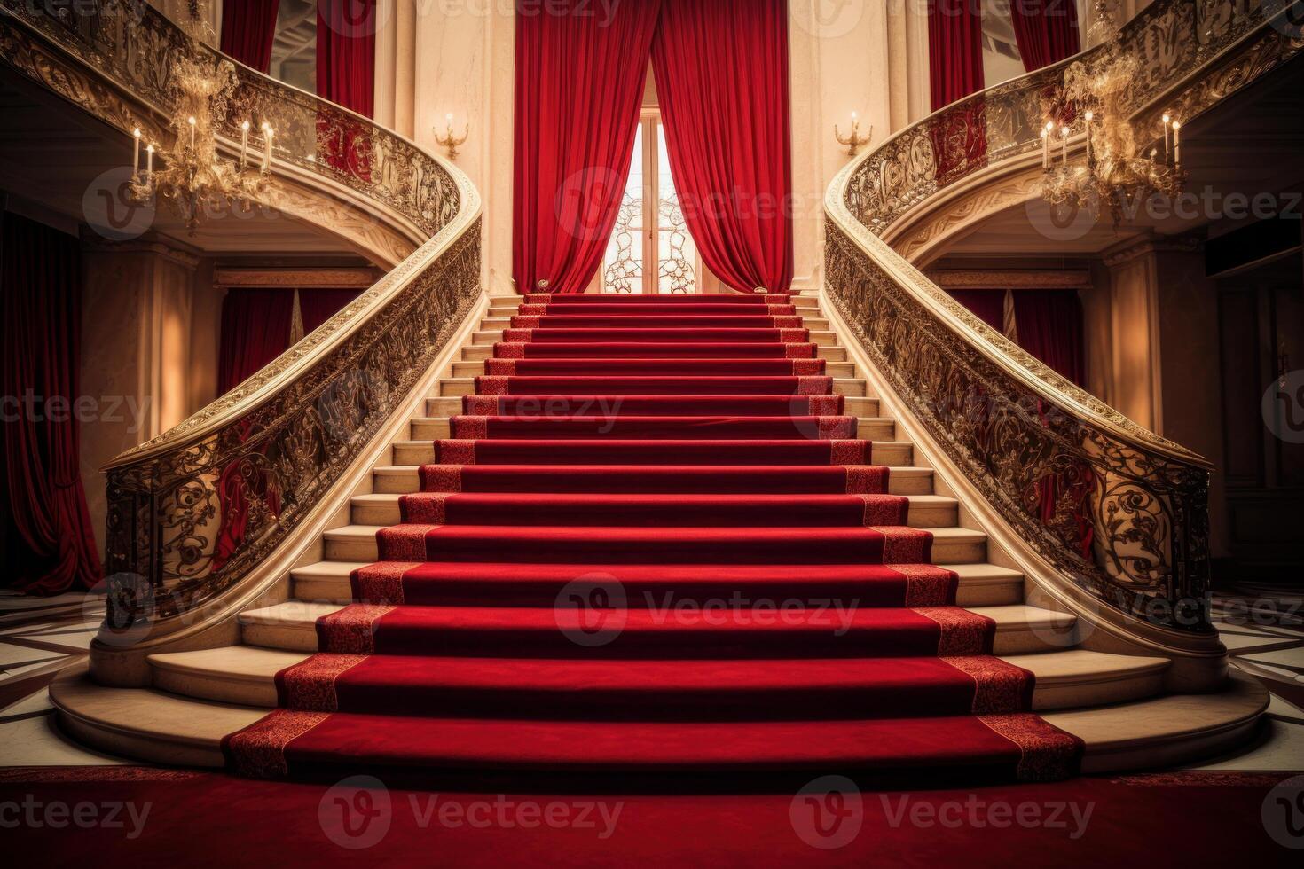 Plush Marble stairs red carpet indoor. Generate Ai photo