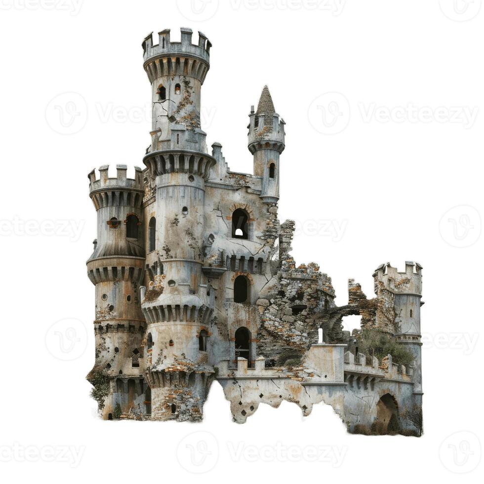 Medieval stone castle crumbling under white sky photo