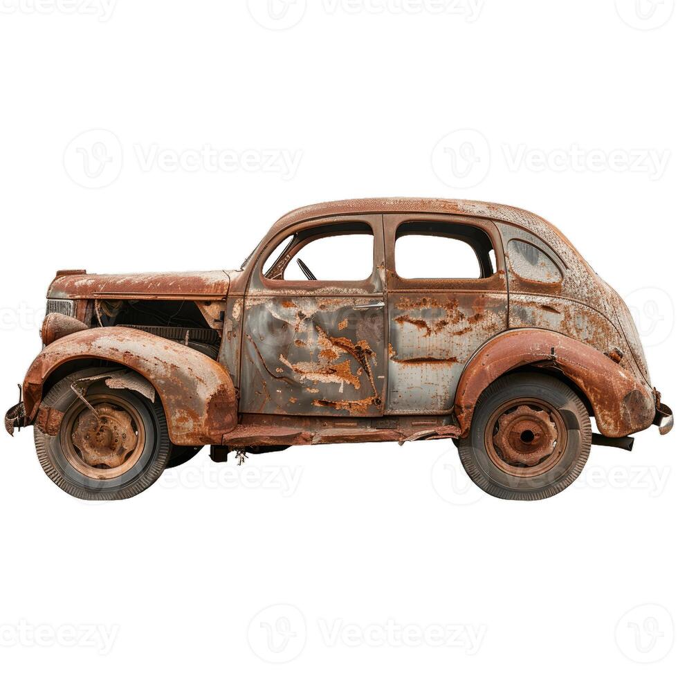 Old rusty car is slowly decaying in a junkyard photo