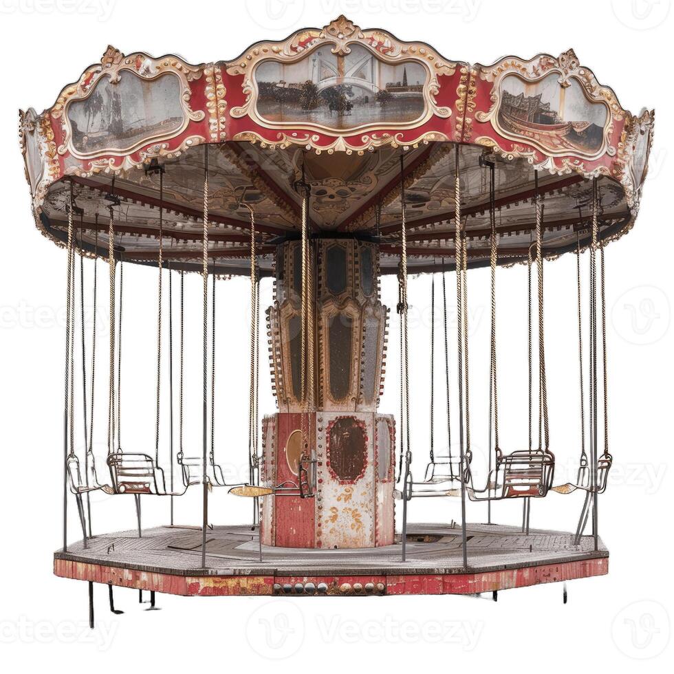 Old ornate carousel standing still on white background photo