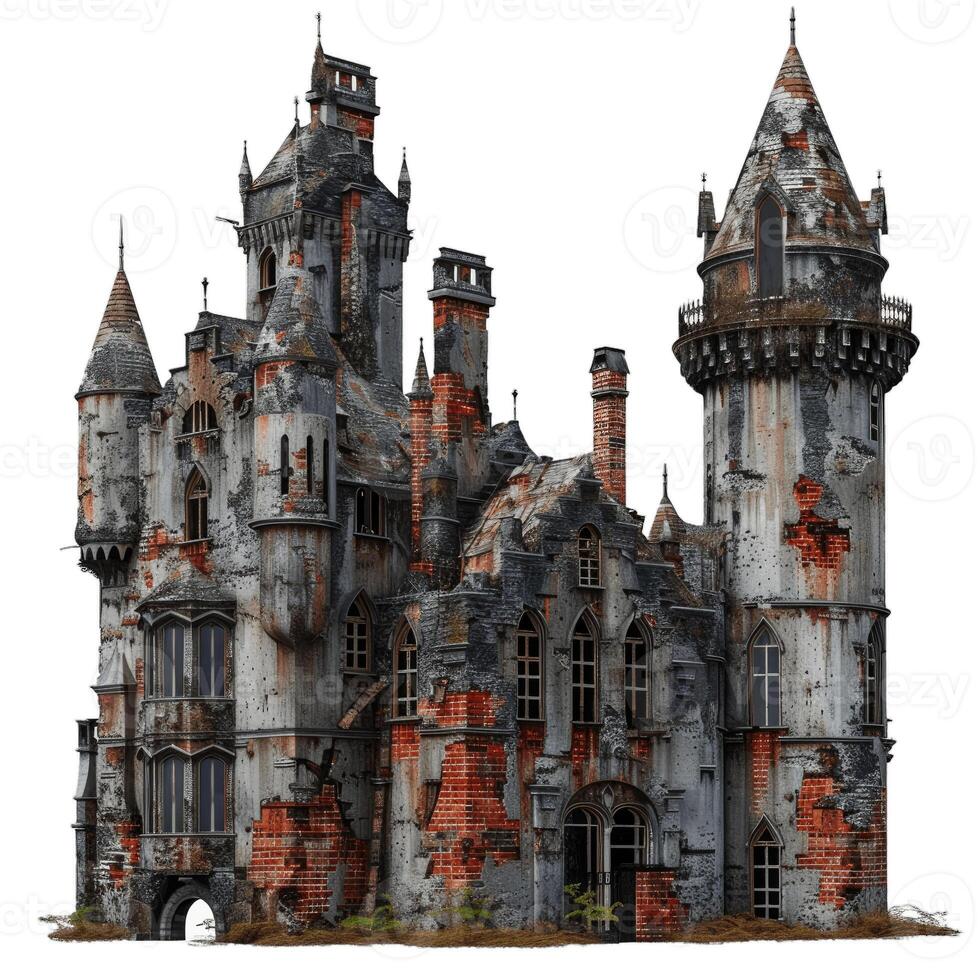 Large gothic castle falling into disrepair with broken windows photo