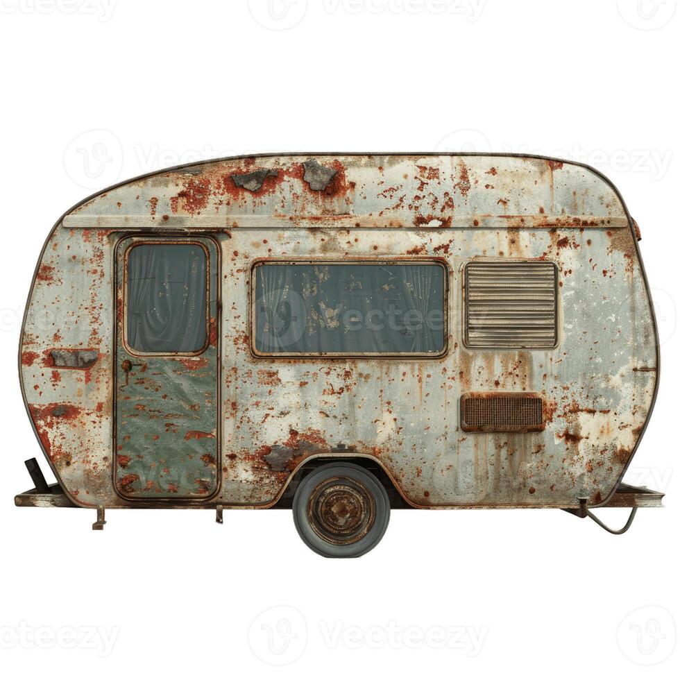 Vintage rusty caravan isolated on transparent background photo