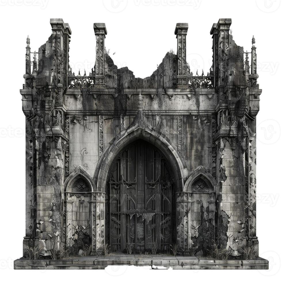 Crumbling stone facade of gothic cathedral entrance with overgrown weeds photo
