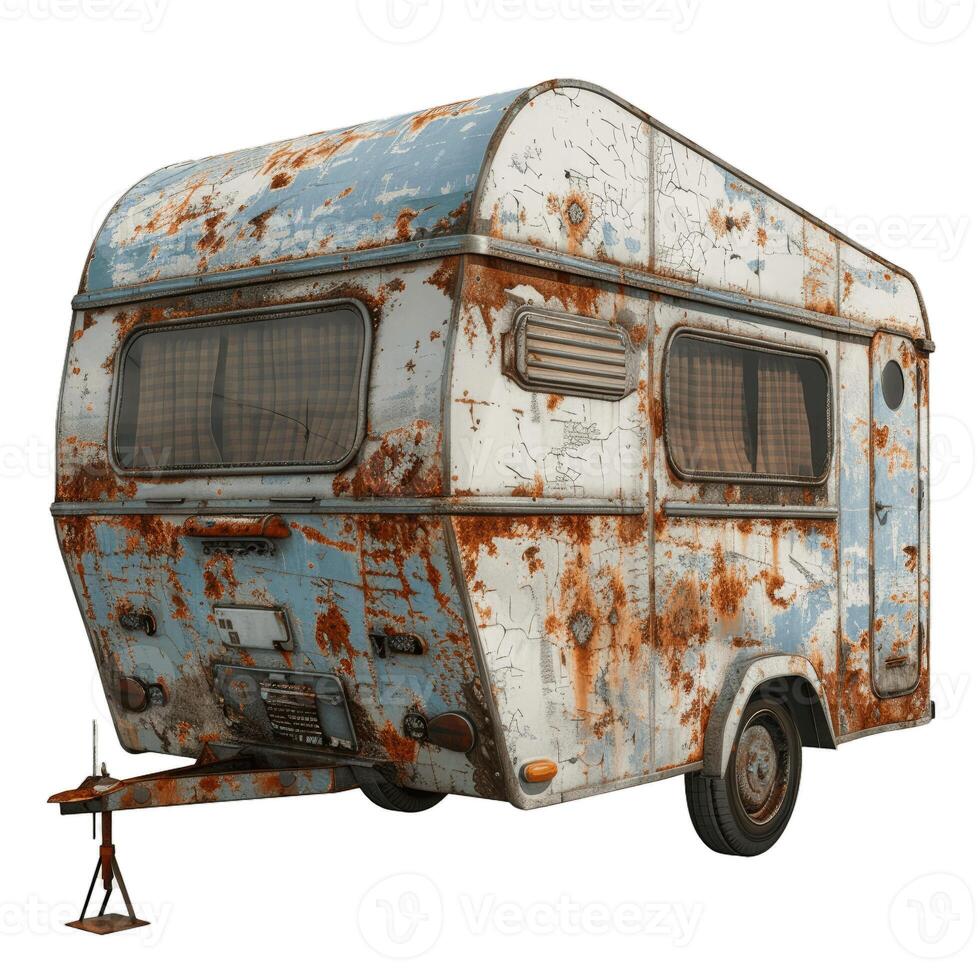 Old rusty and weathered travel trailer isolated on white background photo