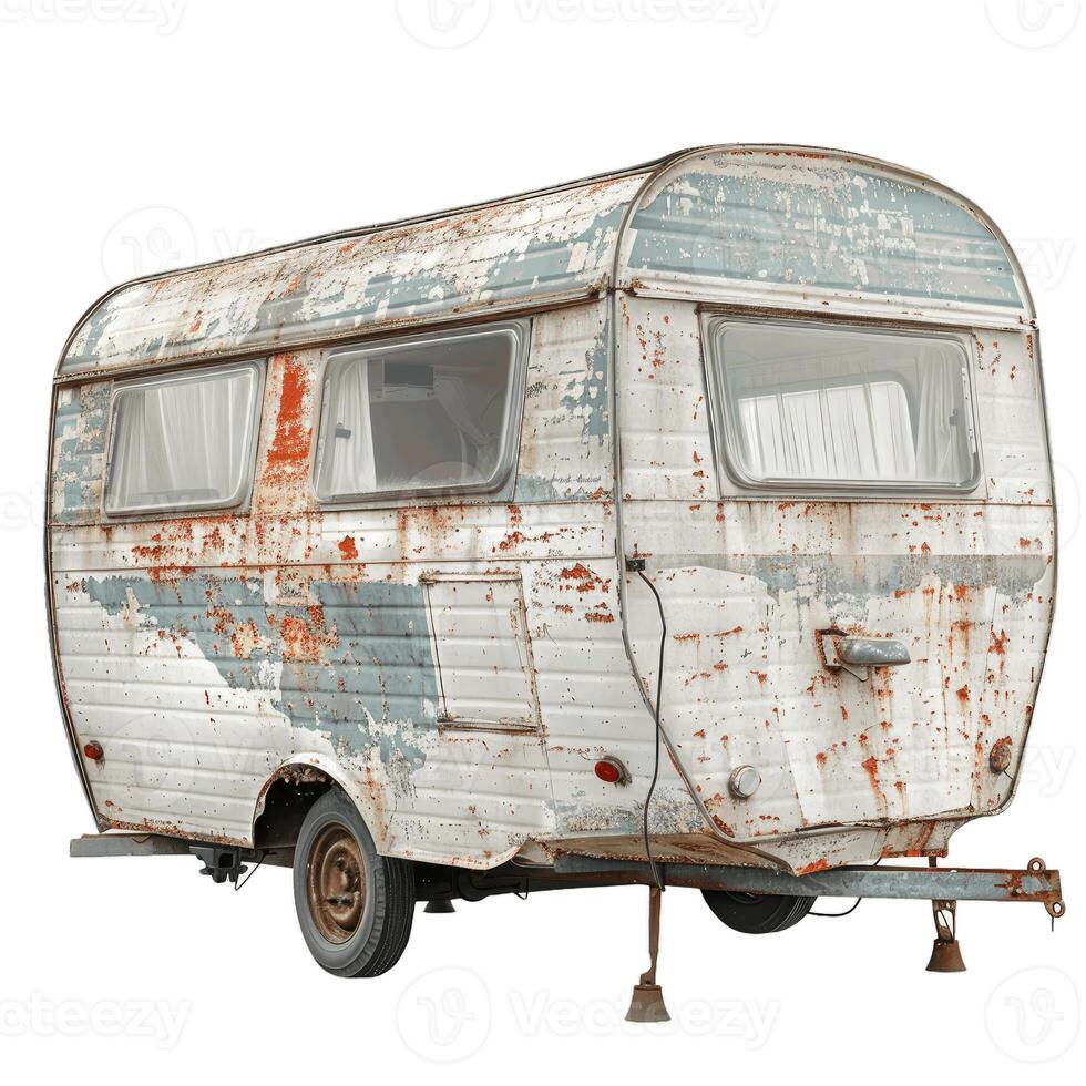 Old rusty abandoned trailer isolated on white background photo