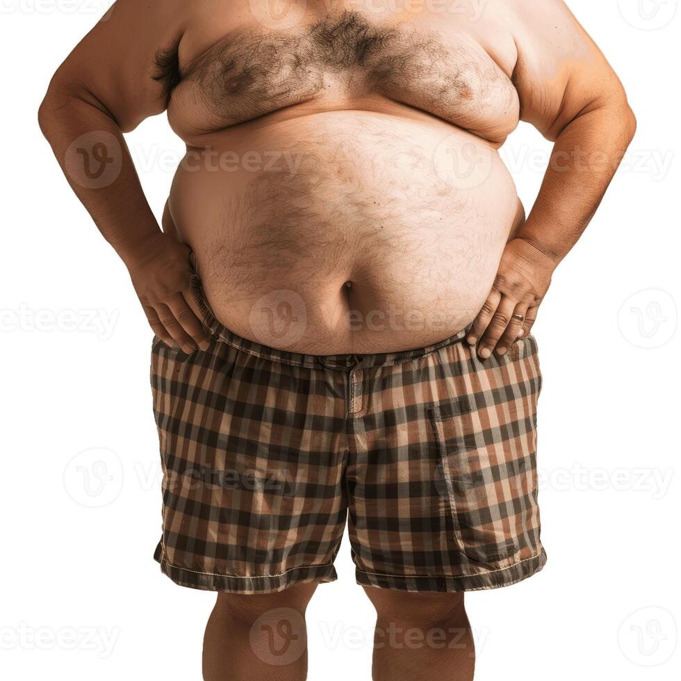 Close up of overweight male torso with checkered shorts, isolated on a transparent background photo