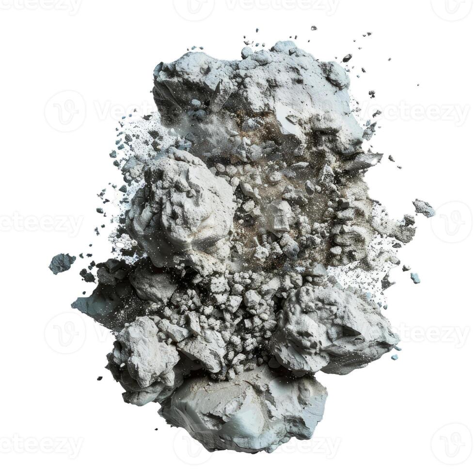 Pile of grey stones and gravel exploding on white background photo