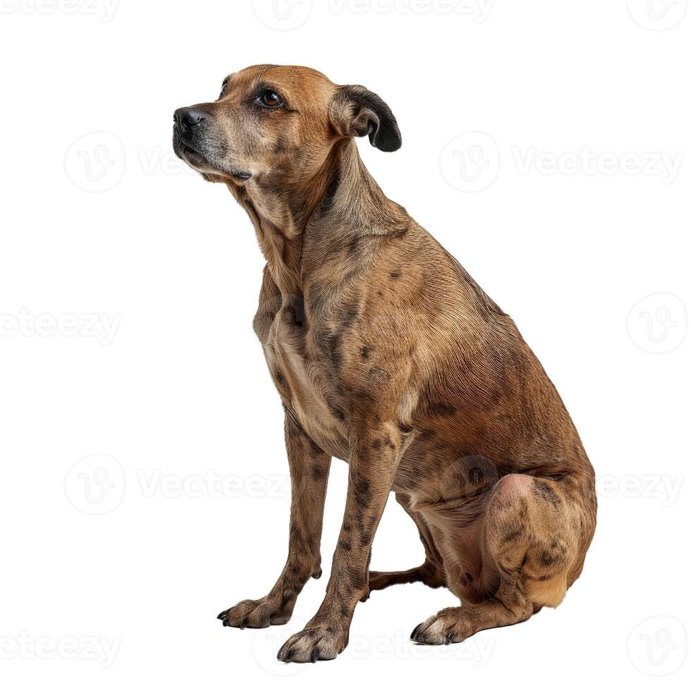 Curious brindle dog sitting and looking up isolated photo