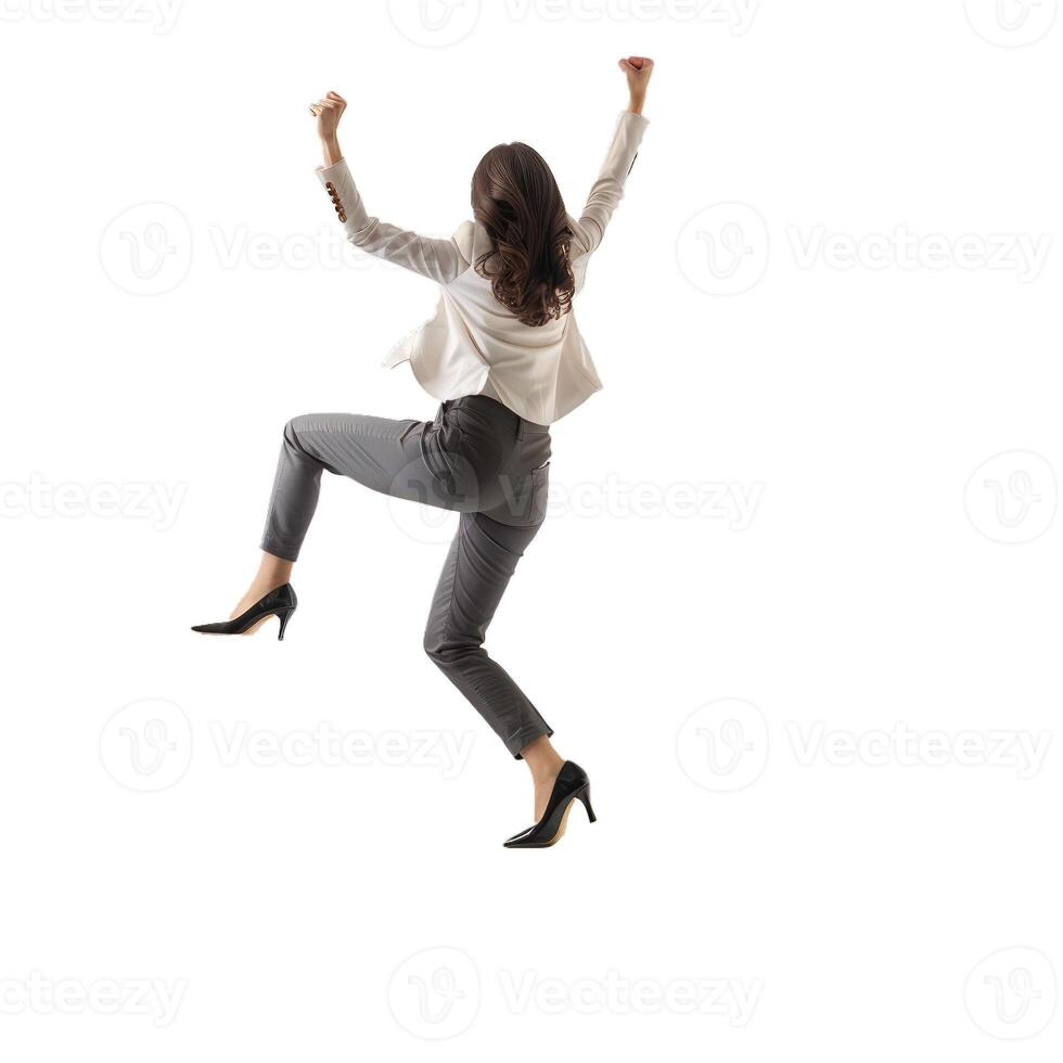 Exuberant female professional jumps with excitement, isolated on checkered background photo