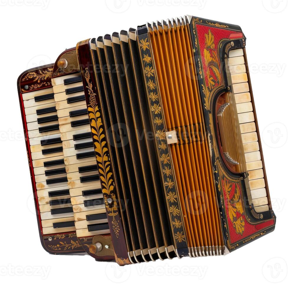 Antique accordion lying open showing keyboard and bellows photo