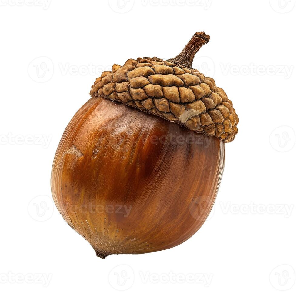 Ripe acorn isolated on white background showing its cupule photo