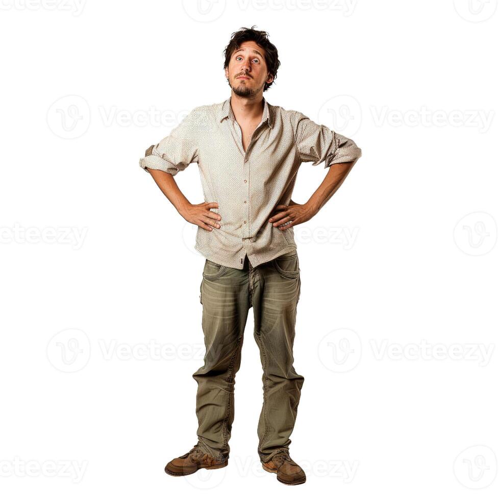 Confused construction worker looking up with hands on hips photo