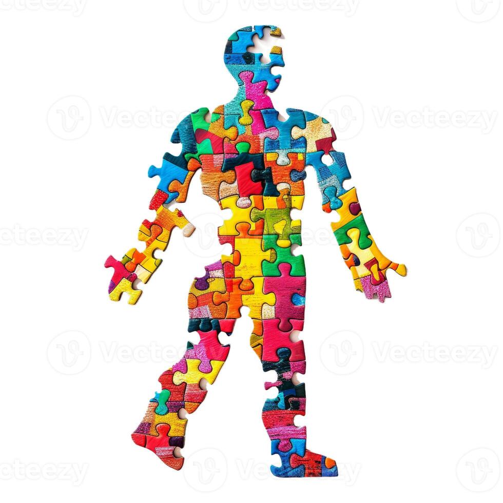 Human body shape walking puzzle pieces connecting problem solving photo