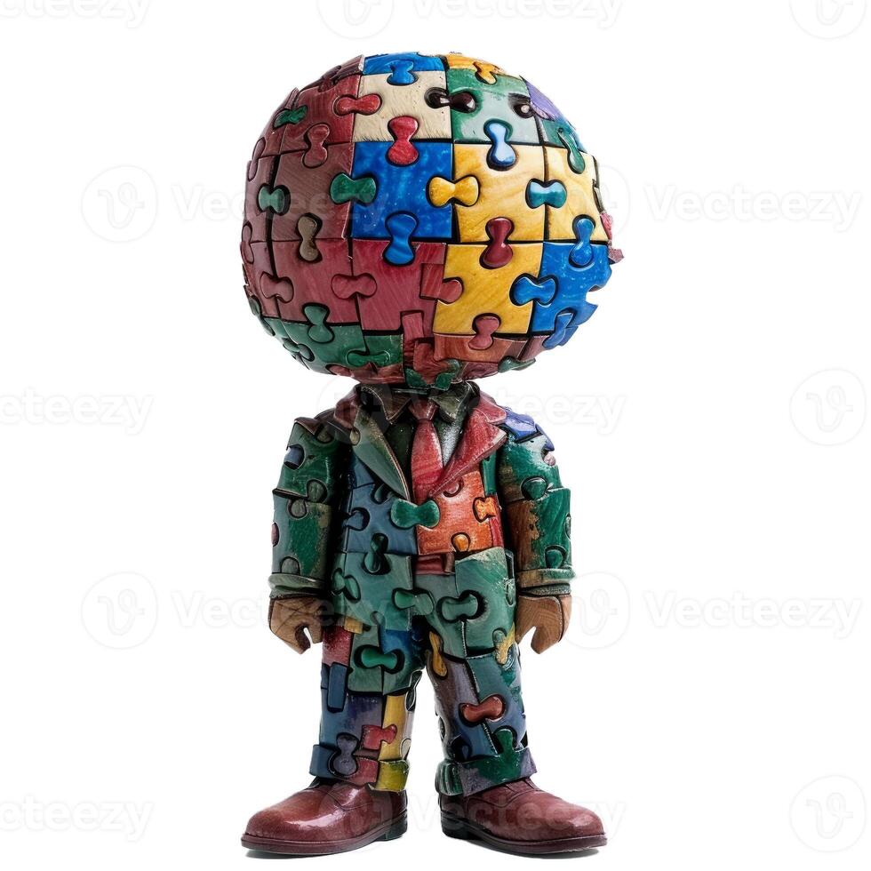 Businessman figurine made of puzzle pieces standing on white background photo