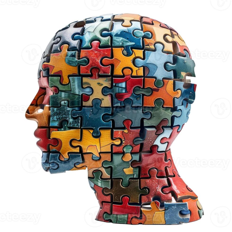Colorful jigsaw puzzle pieces forming a human head profile on a transparent background photo