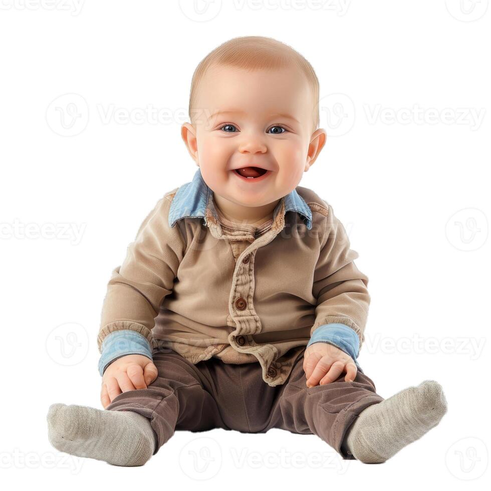Adorable baby boy smiling while sitting on white background photo