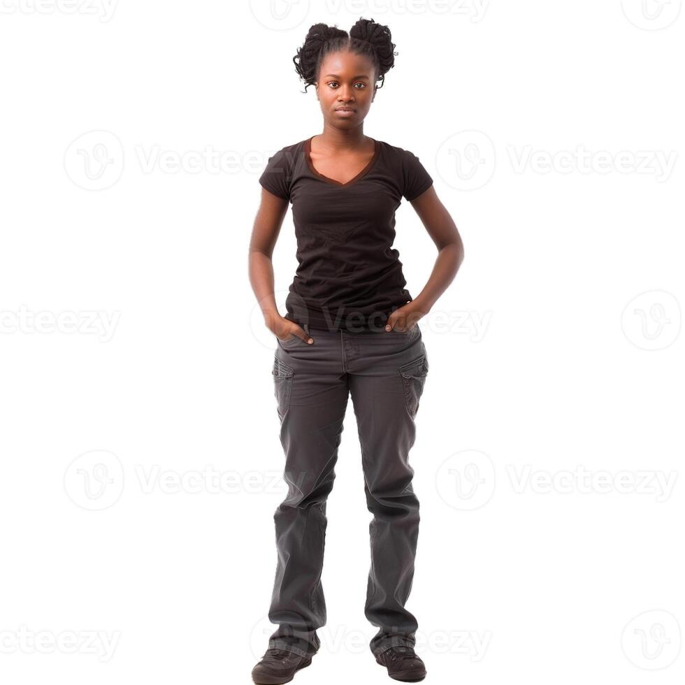 Young black woman standing with hands in pockets on white background photo