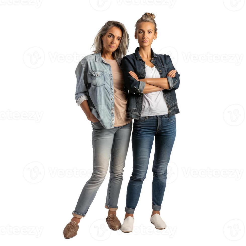 Two women posing with arms crossed wearing denim clothes photo
