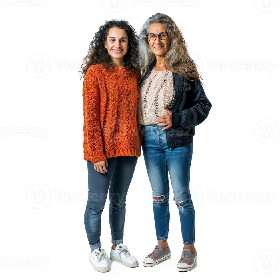 Happy mother and teenager daughter smiling and posing together on white background photo