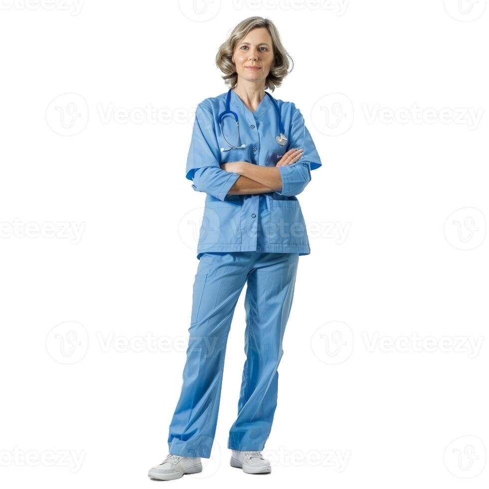 Standing woman in scrubs with a stethoscope, isolated on a transparent background photo